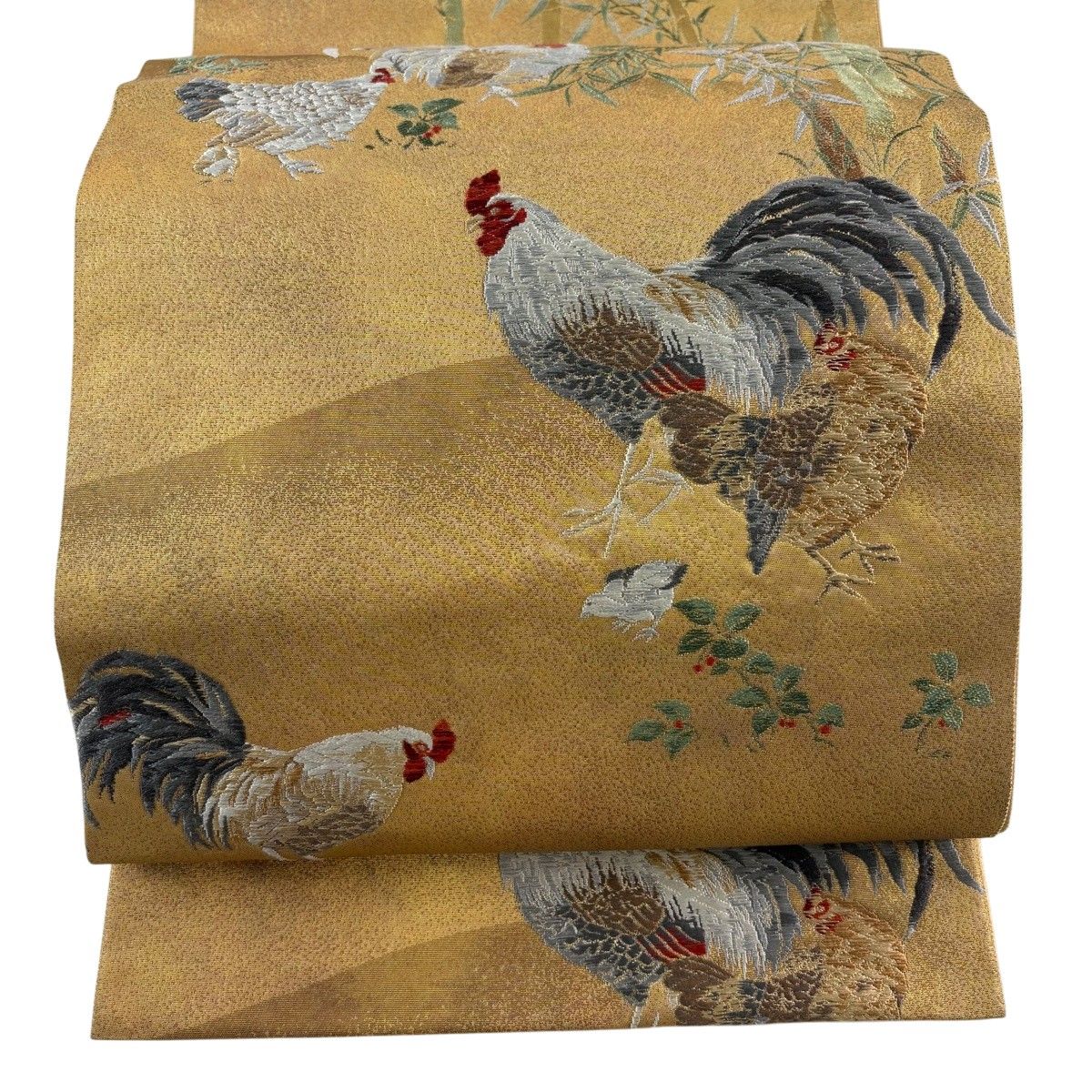 【美品】 袋帯 逸品 郡鶏之図 唐織 金糸 金色 六通 正絹 【中古】