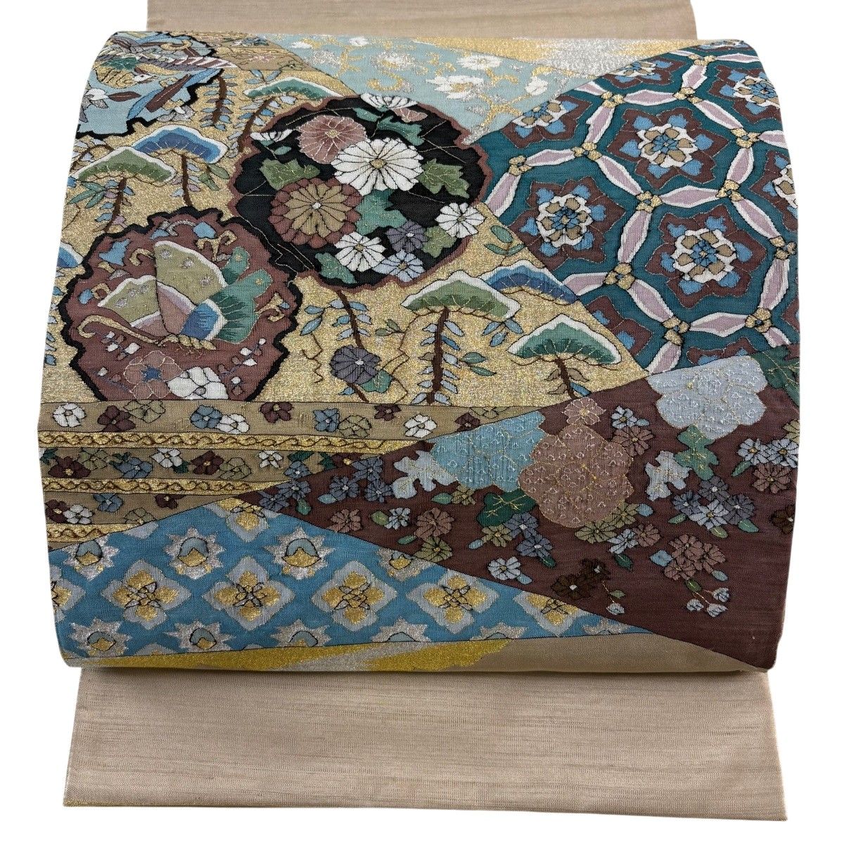 袋帯 逸品 花蝶 華文 金銀糸 薄茶色 お太鼓柄 正絹 【中古】