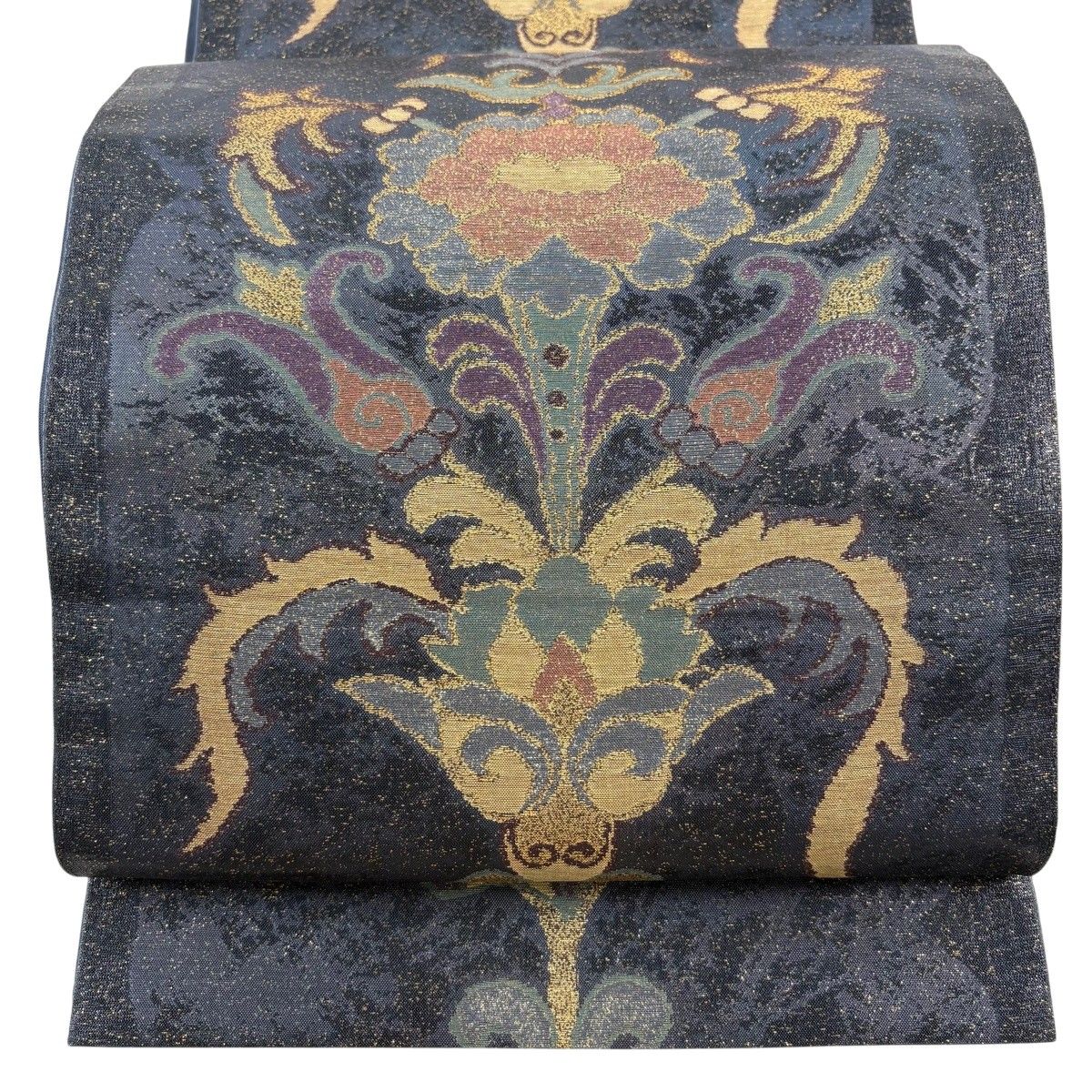 袋帯 逸品 渡文 落款 本袋 草花 箔 青灰色 六通 正絹 【中古】