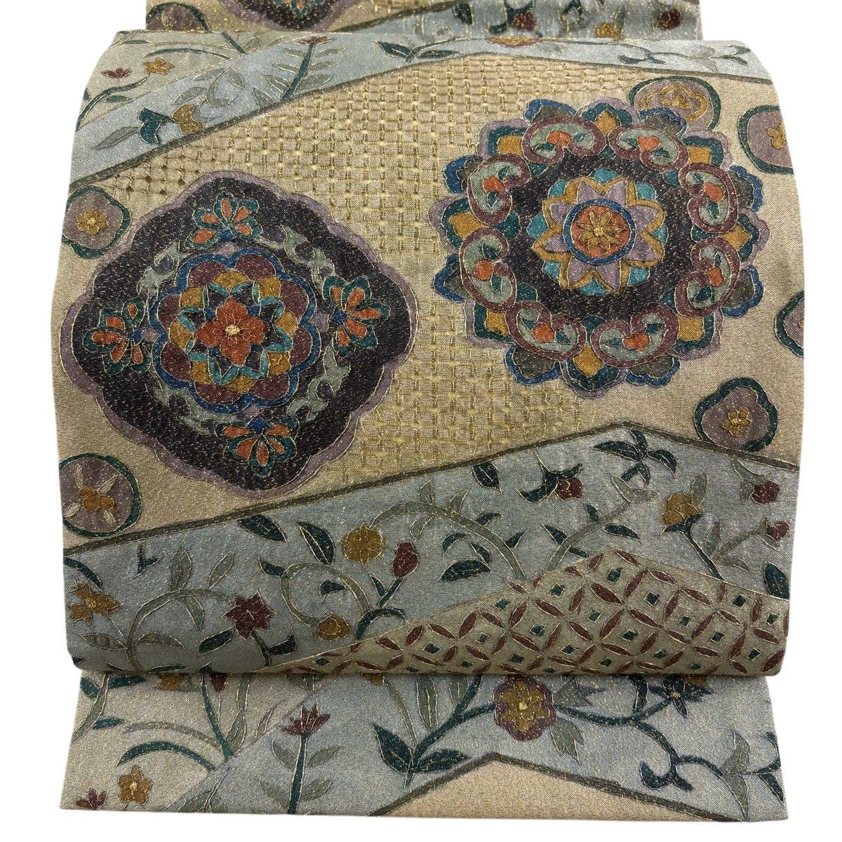 【美品】 袋帯 逸品 華文 草花 金糸 箔 ベージュ 全通 正絹 【中古】