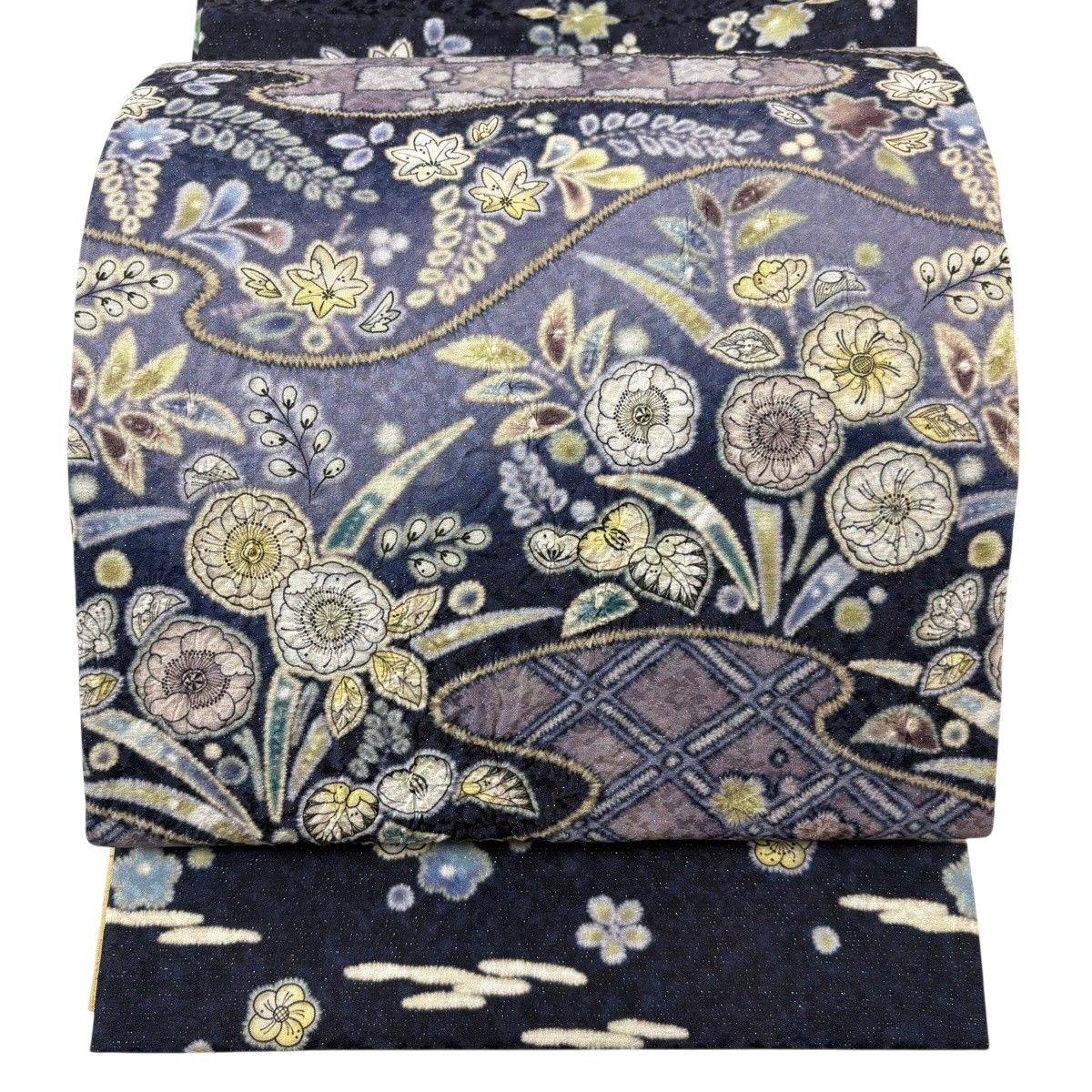 【美品】 袋帯 名品 辻が花 霞 銀通し ぼかし 紺色 お太鼓柄 正絹 【中古】
