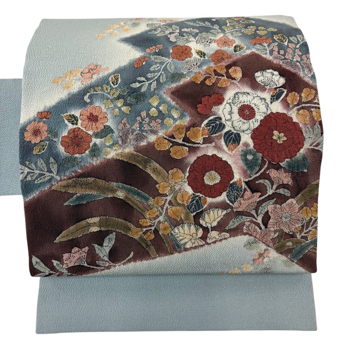 名古屋帯 名品 落款 辻が花 松皮菱 縮緬 ぼかし 青灰色 正絹 【中古】 11,534円