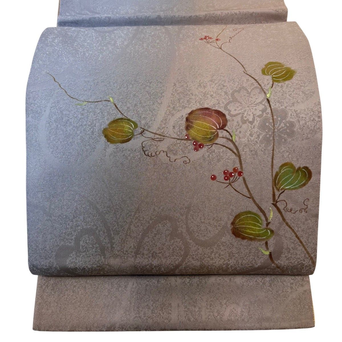 【美品】 袋帯 名品 落款 葉柄 実 ぼかし 銀通し 薄小豆 お太鼓柄 正絹 【中古】