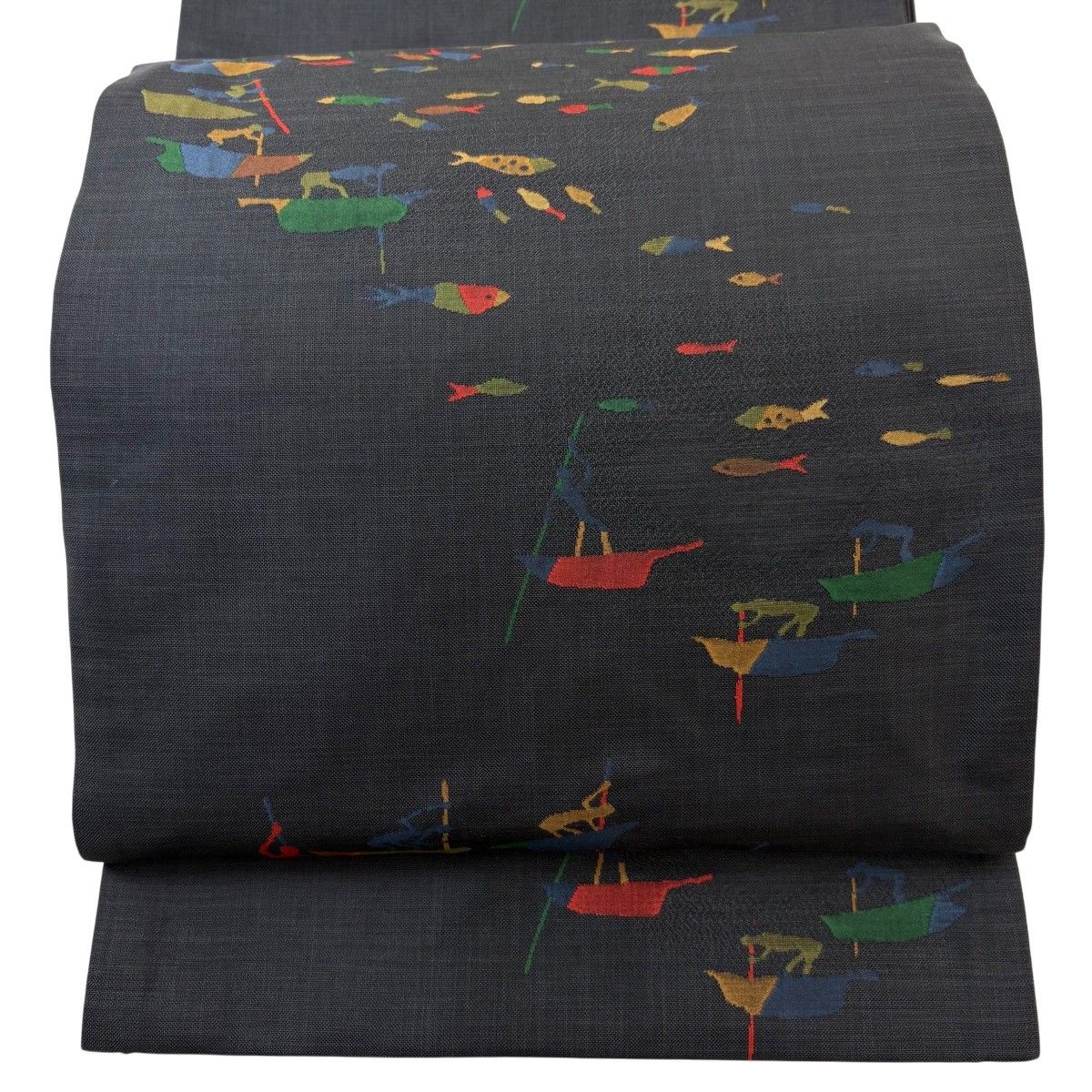 【美品】 袋帯 名品 木屋太 落款 漁 魚 紺色 六通 正絹 【中古】