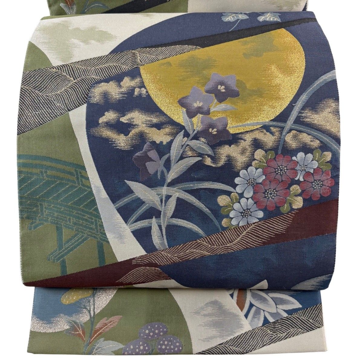 【美品】 袋帯 名品 草花 月 金糸 箔 青灰色 六通 正絹 【中古】 12,166円