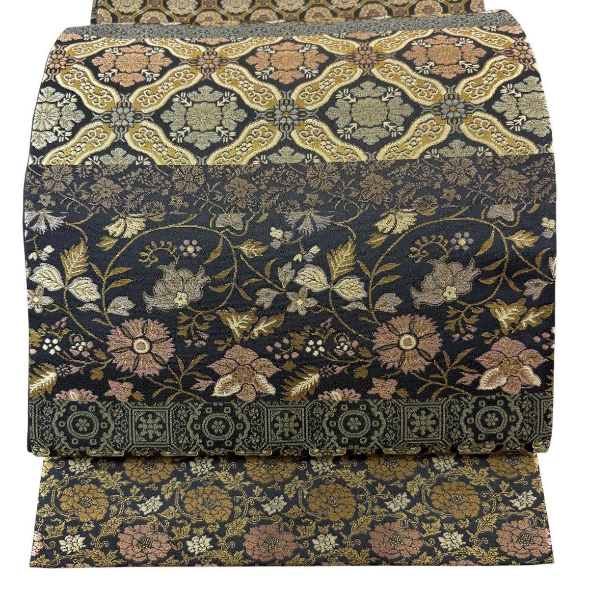 【美品】 袋帯 名品 箔屋清兵衛 落款 悠久の美 横段 草花 箔 灰緑 全通 正絹 【中古】