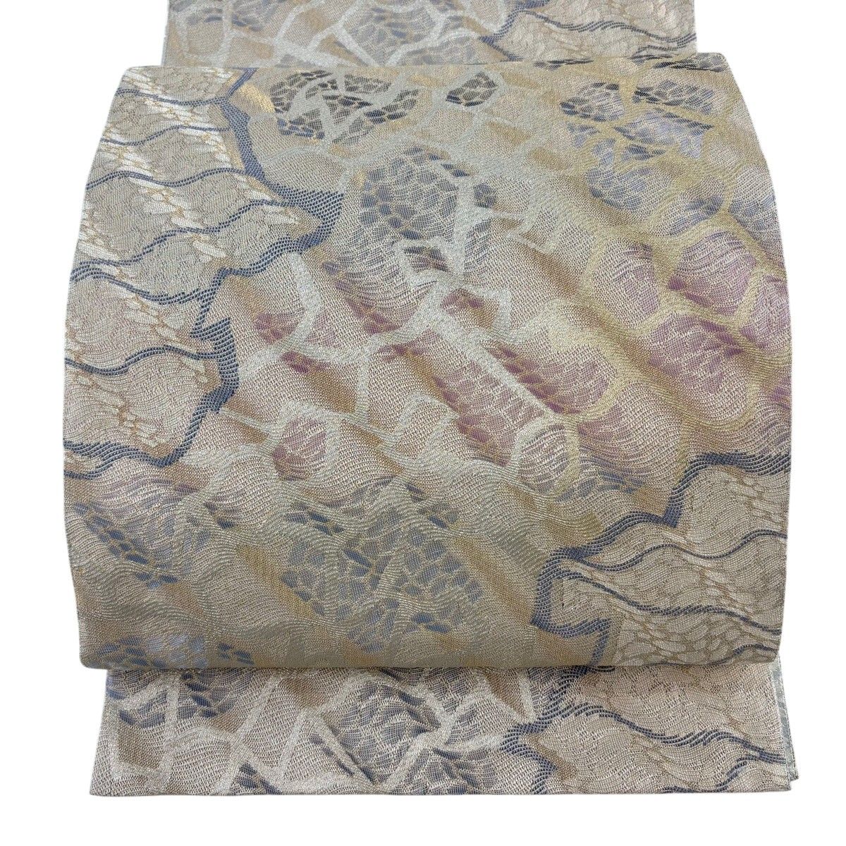 【美品】 袋帯 名品 やまと リバーシブル 幾何学模様 金銀糸 ベージュ 六通 正絹 【中古】