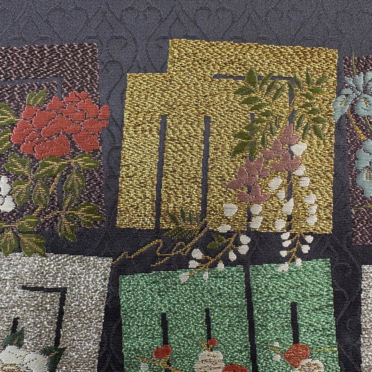【美品】 袋帯 名品 草木染 源氏香 草花 刺繍 箔 灰紫 六通 正絹 【中古】