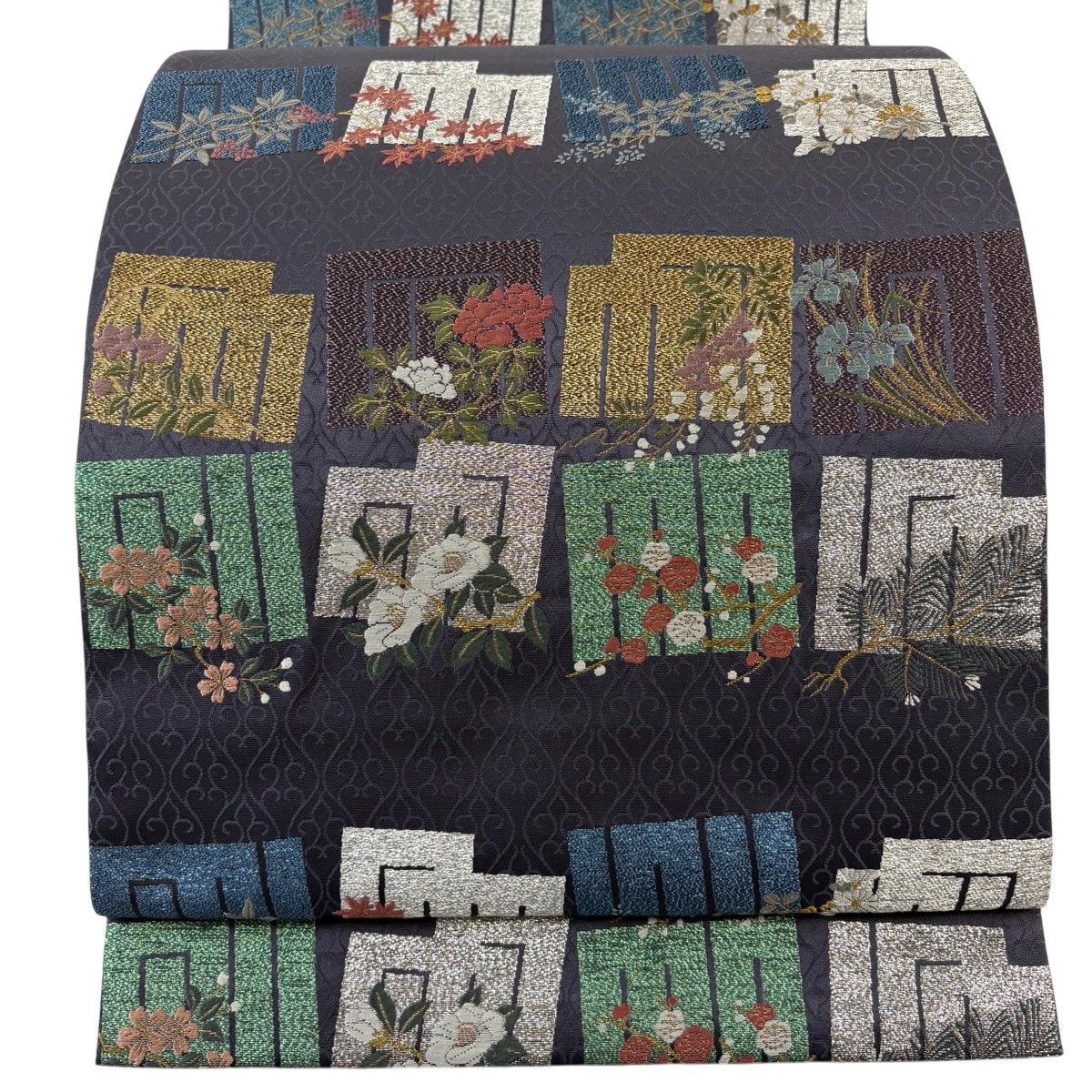 【美品】 袋帯 名品 草木染 源氏香 草花 刺繍 箔 灰紫 六通 正絹 【中古】