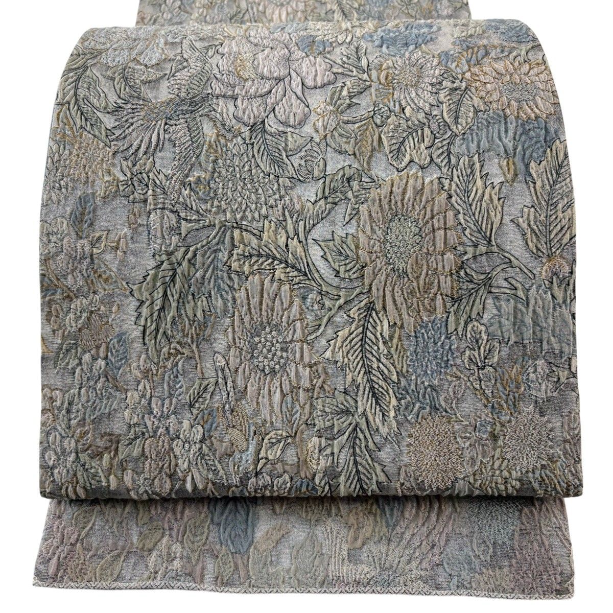 【美品】 袋帯 名品 関西仕立て 草花 鳳凰 灰紫 全通 正絹 【中古】