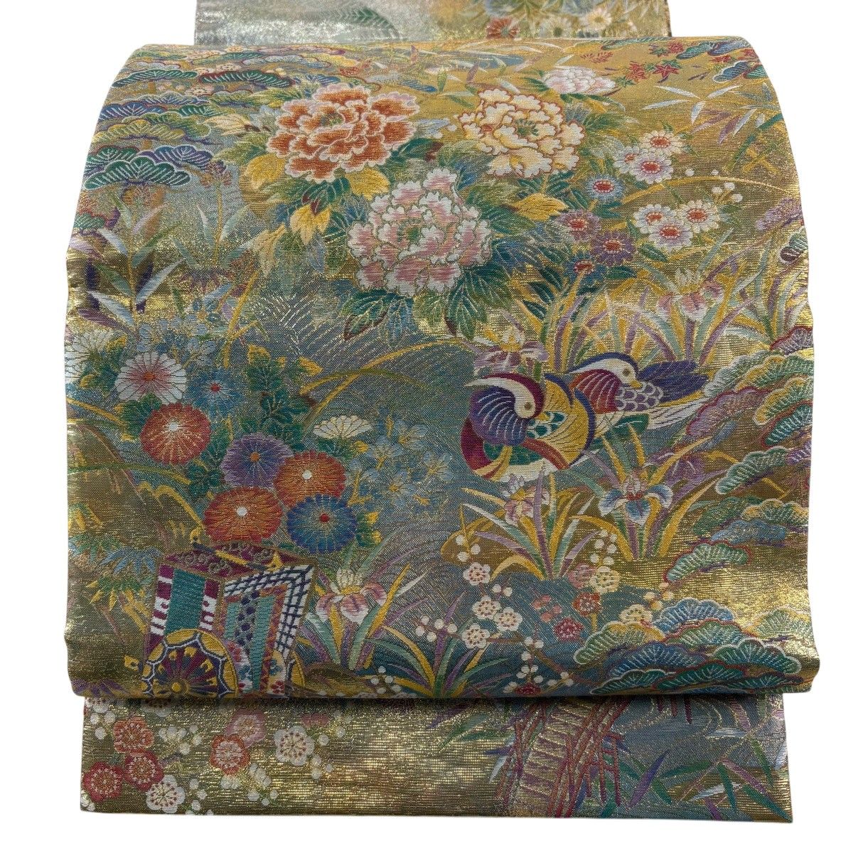 【美品】 袋帯 名品 加賀流水 鴛鴦 本金箔 プラチナ箔 青緑 全通 正絹 【中古】 12,936円