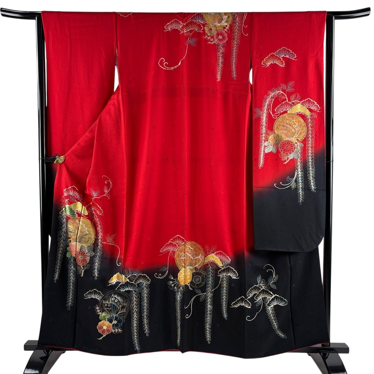 振袖 身丈160.5cm 裄丈63.5cm S 袷 蝶 草花 金銀彩 ぼかし 赤 正絹 秀品 【中古】