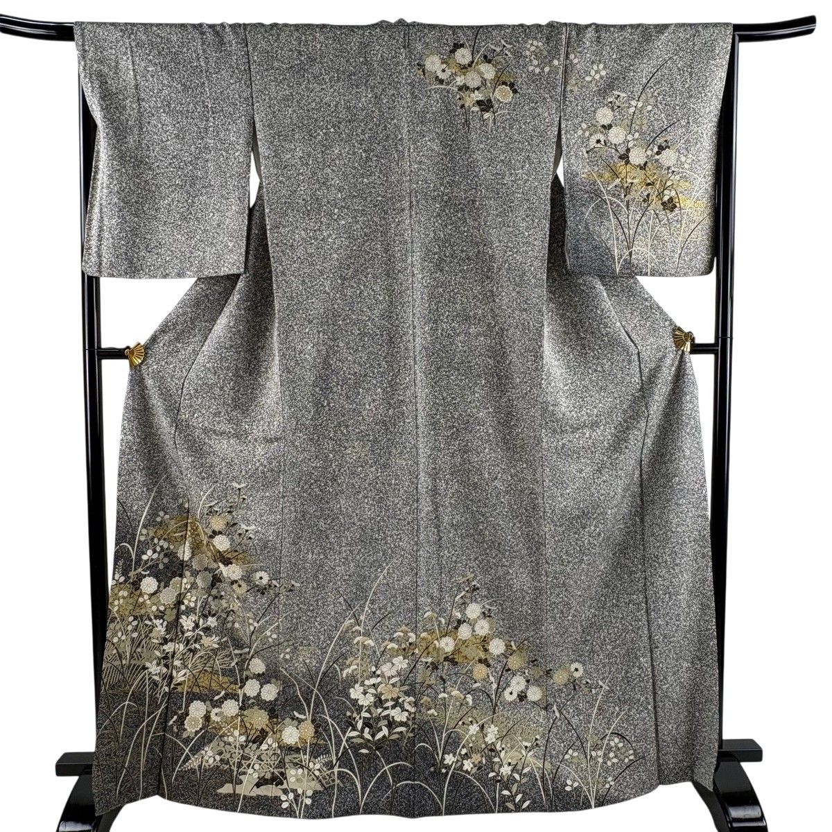 訪問着 身丈168cm 裄丈67cm M 袷 秋草 霞 金彩 ぼかし 黒灰 正絹 秀品 【中古】