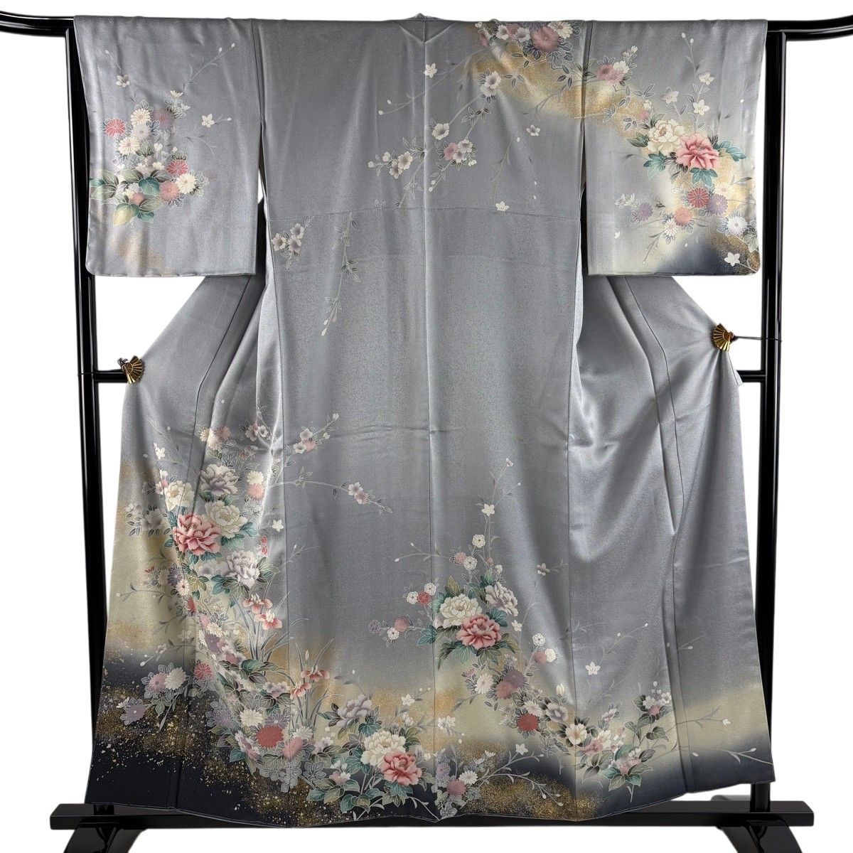 訪問着 身丈157cm 裄丈64cm M 袷 草花 菊 金銀彩 ぼかし 青灰色 正絹 秀品 【中古】