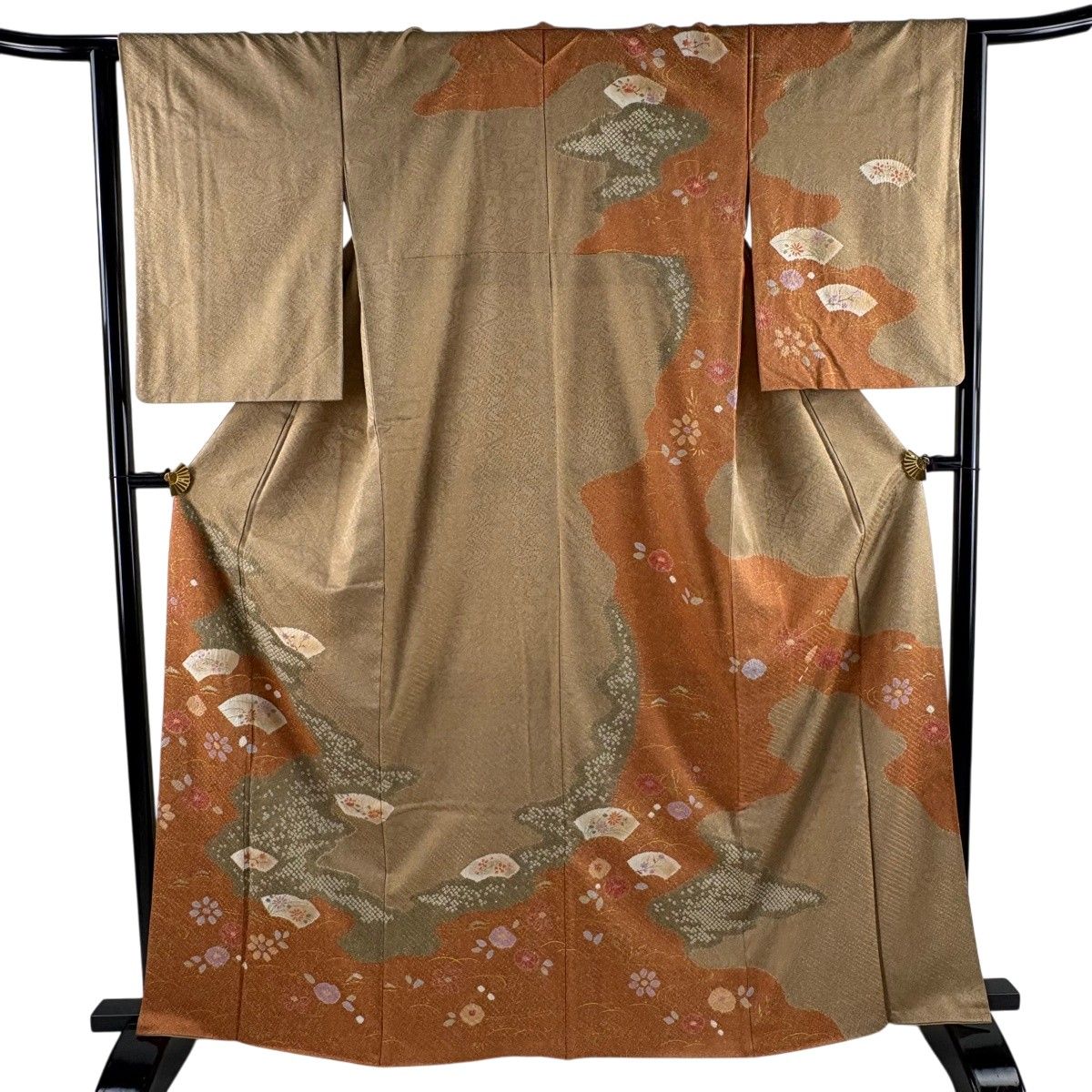 訪問着 身丈165cm 裄丈63cm S 袷 扇面 花 金彩 絞り 薄茶色 正絹 秀品 【中古】