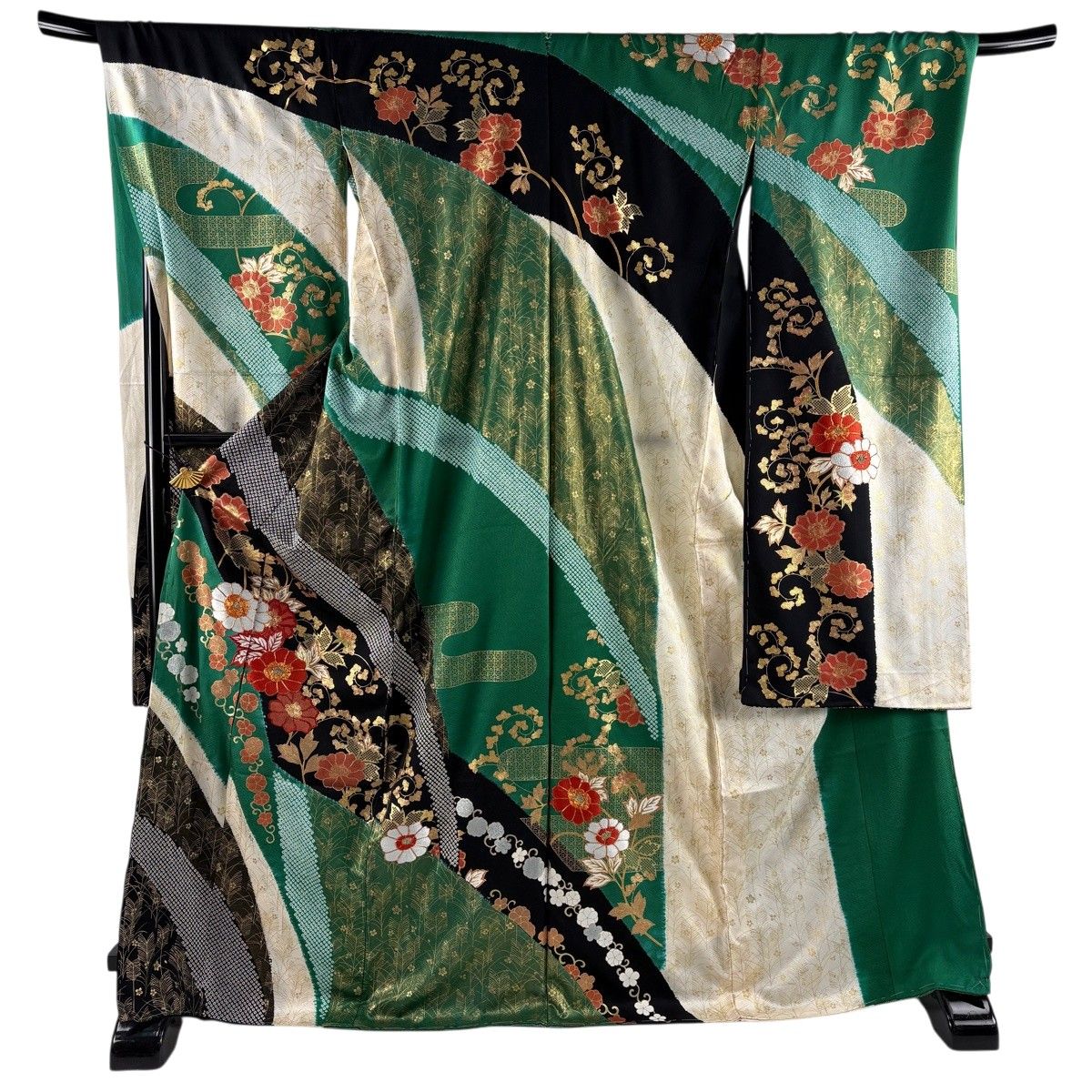 振袖 身丈172cm 裄丈72cm 未仕立て 仮絵羽 草花 花唐草 金糸 刺繍 緑 正絹 秀品 【中古】