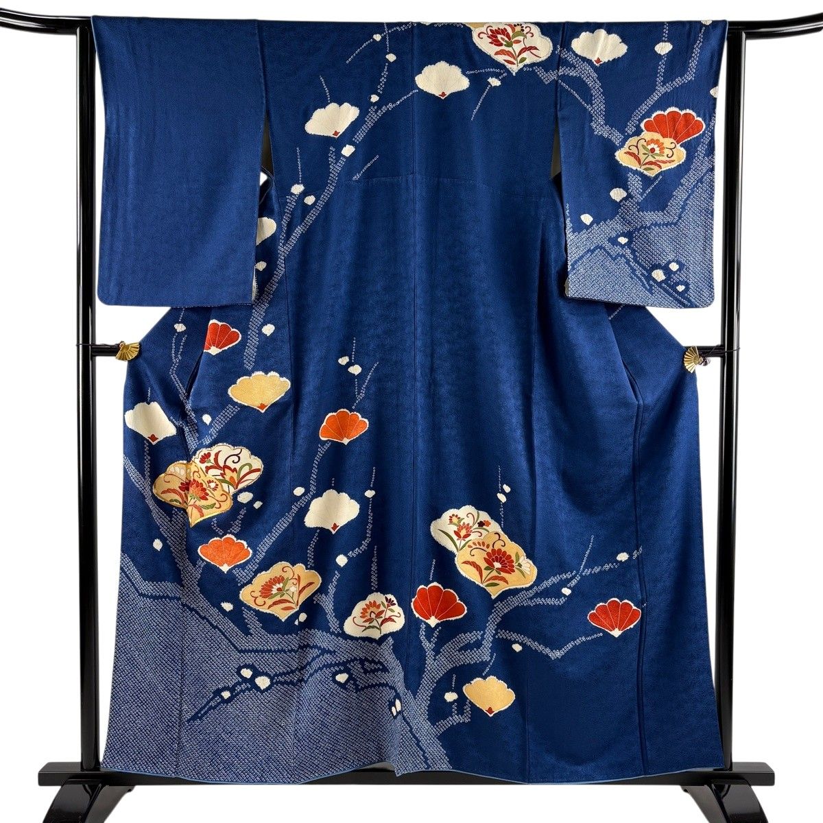 訪問着 身丈159cm 裄丈63cm S 袷 花唐草 枝花 金糸 絞り 青 正絹 秀品 【中古】