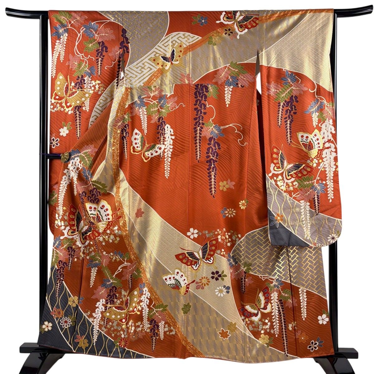 振袖 身丈160cm 裄丈64cm M 袷 蝶 藤 金銀彩 オレンジ 正絹 秀品 【中古】