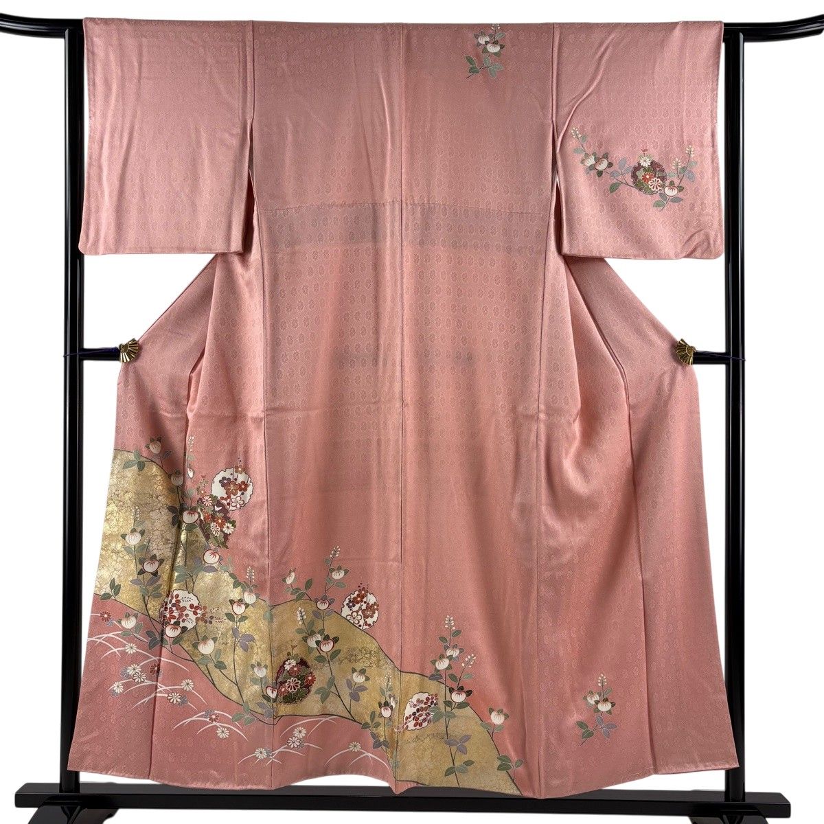 訪問着 身丈154cm 裄丈63.5cm S 袷 雪輪 橘 金糸 金彩 ピンク 正絹 秀品 【中古】