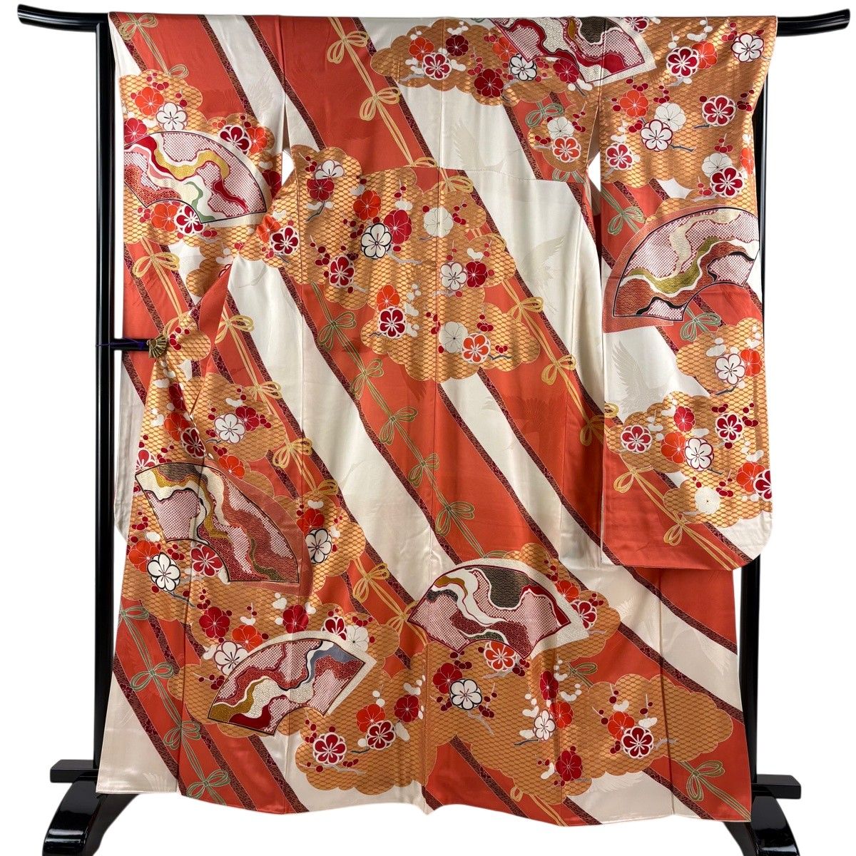 振袖 身丈164.5cm 裄丈66cm M 袷 扇面 枝梅 金糸 金彩 クリーム 正絹 秀品 【中古】