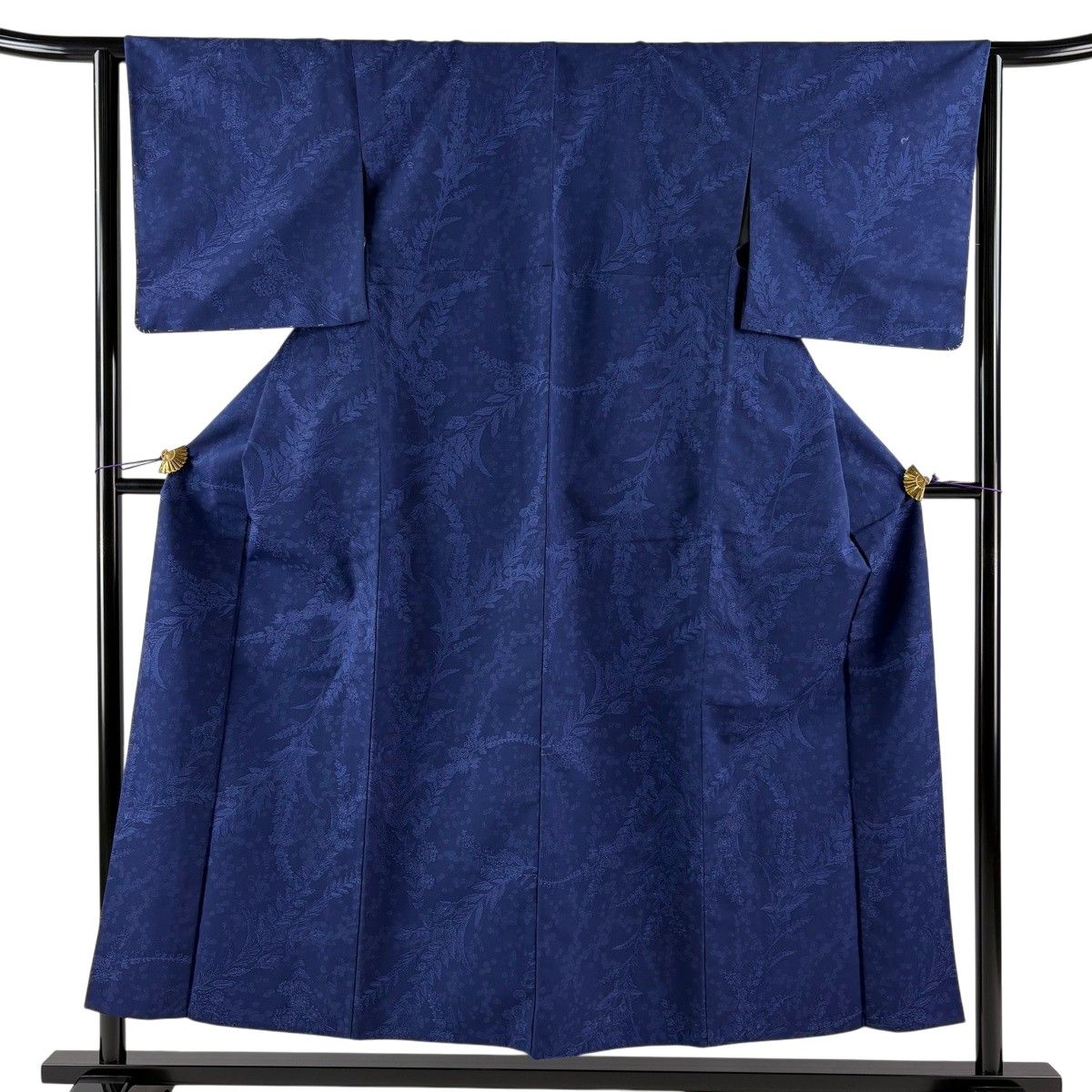 小紋 身丈152cm 裄丈64cm M 単衣 草花 青 正絹 秀品 【中古】
