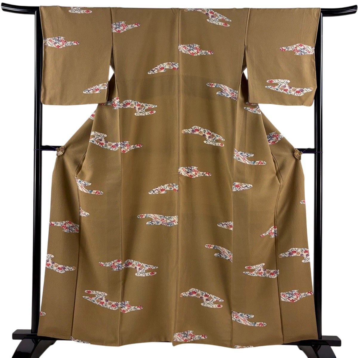 【美品】 小紋 身丈161cm 裄丈65cm M 袷 霞 草花 薄黄土色 正絹 秀品 【中古】