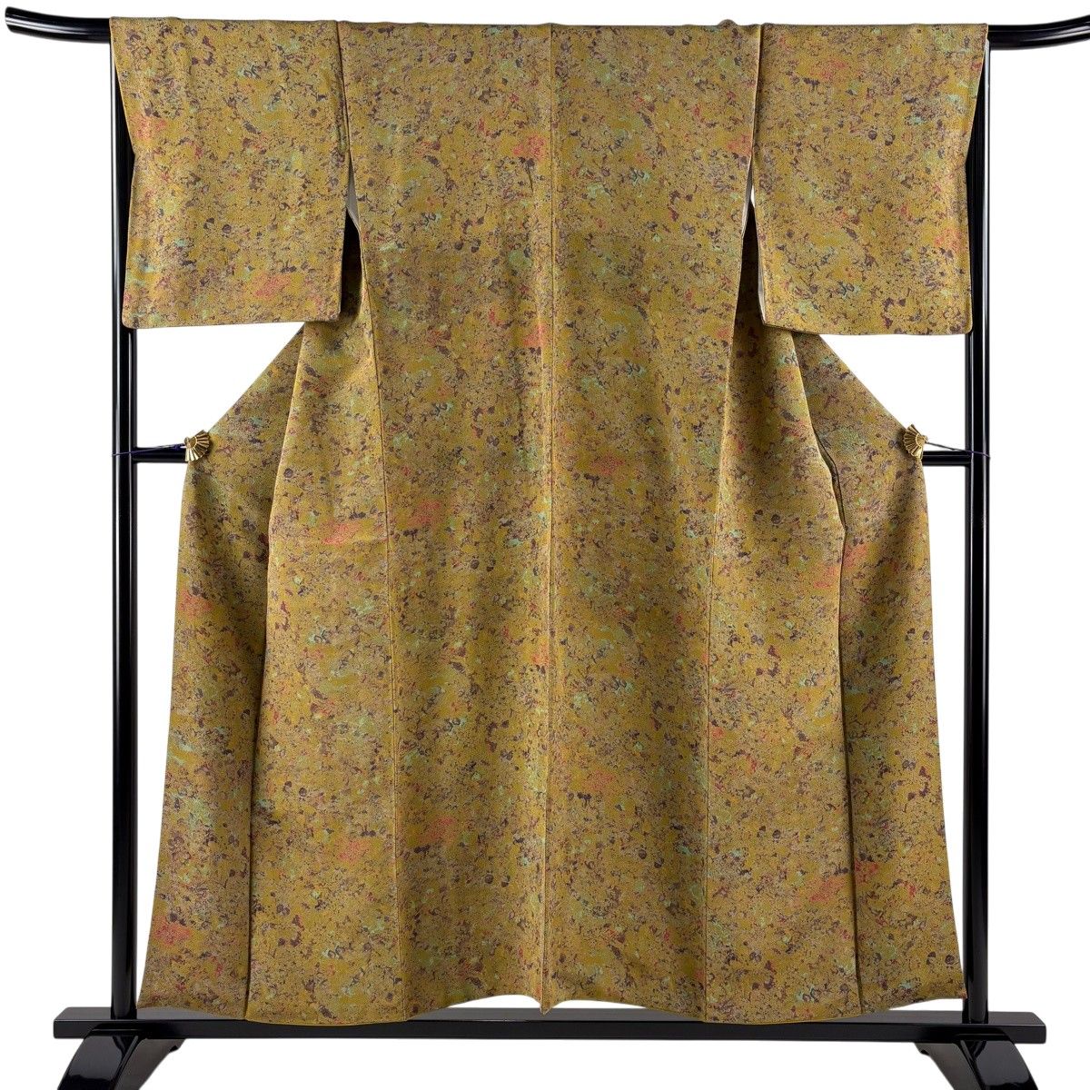 【美品】 小紋 身丈154cm 裄丈66.5cm M 袷 草花 縮緬 鶯色 正絹 秀品 【中古】