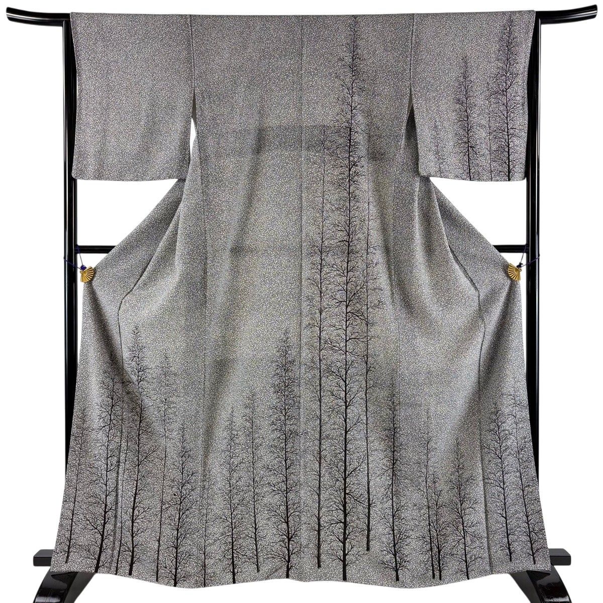 【美品】 付下げ 身丈164cm 裄丈65.5cm M 袷 樹木 黒灰 正絹 秀品 【中古】