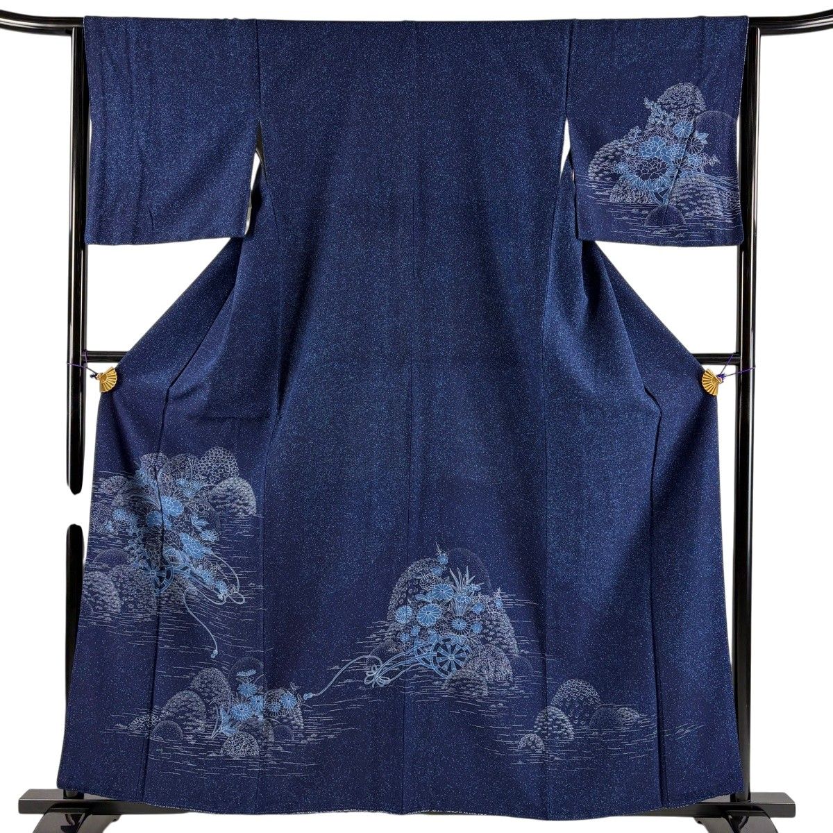 【美品】 付下げ 身丈158.5cm 裄丈65cm M 袷 花車 山並み 濃紺 正絹 秀品 【中古】