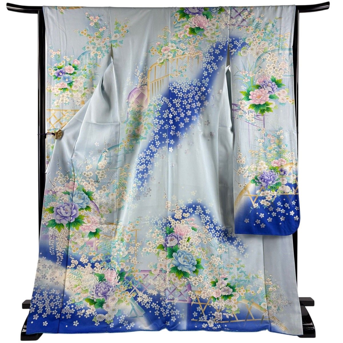 振袖 身丈172cm 裄丈65cm M 袷 牡丹 枝梅 銀彩 ぼかし 水色 正絹 秀品 【中古】