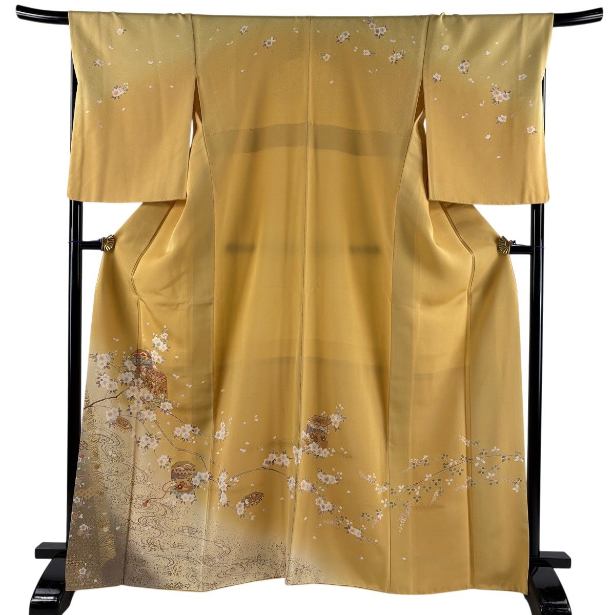 訪問着 身丈166cm 裄丈69cm L 袷 やまと 貝桶 桜 金糸 金彩 山吹色 正絹 秀品 【中古】