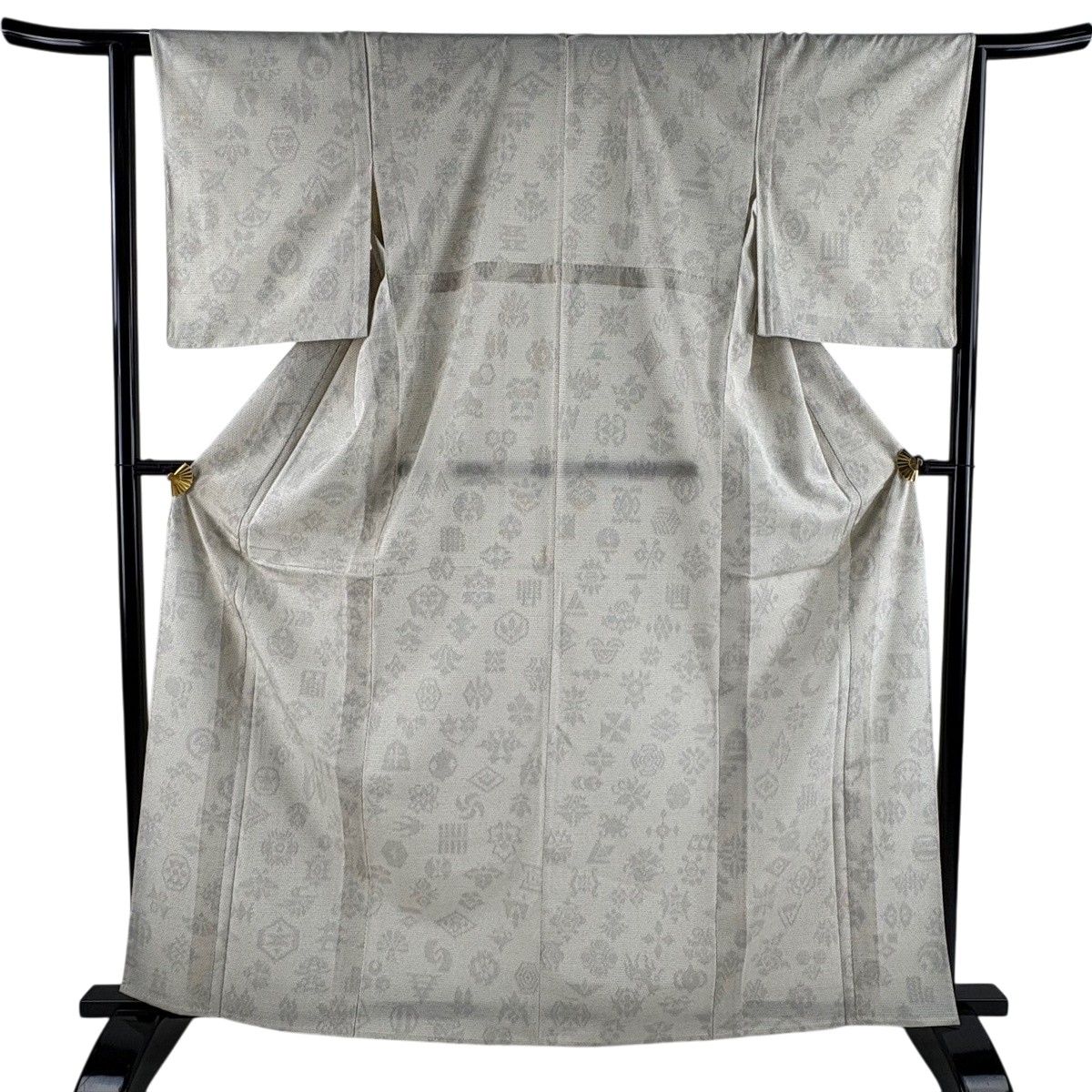 紬 身丈165cm 裄丈63cm S 単衣 草花 絣 クリーム 正絹 秀品 【中古】