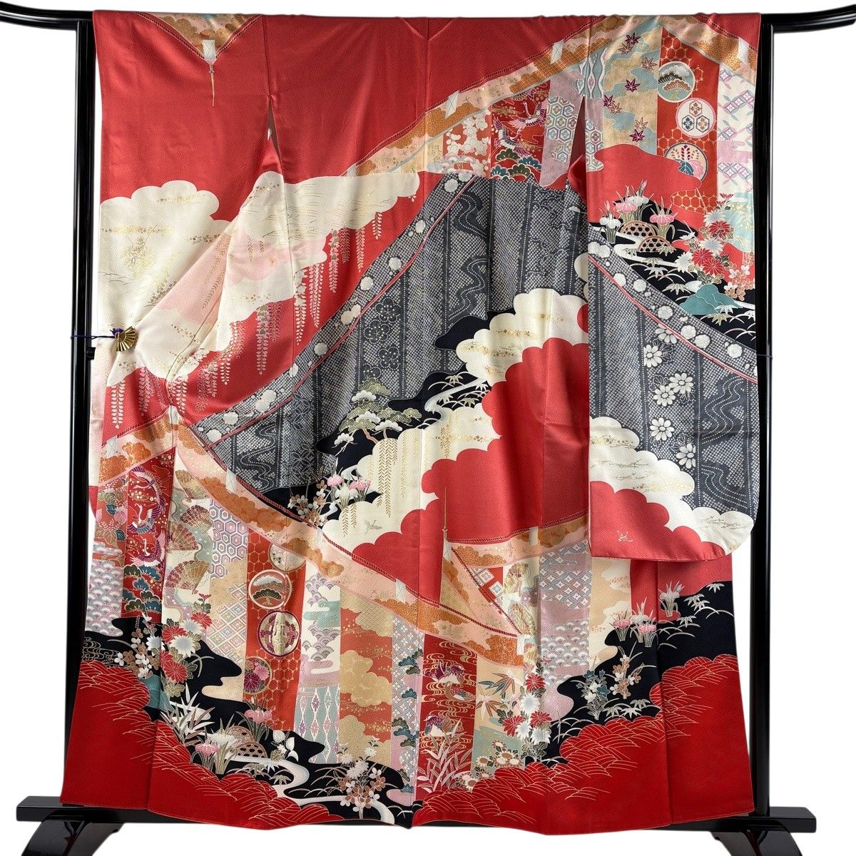 振袖 身丈160cm 裄丈63.5cm S 袷 桧扇 鶴 金彩 濃ピンク 正絹 秀品 【中古】