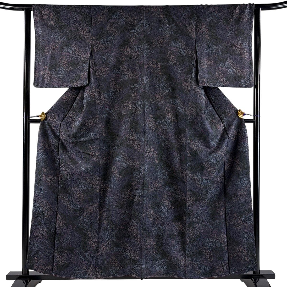 【美品】 小紋 身丈156.5cm 裄丈62.5cm S 袷 鈴乃屋 草花 幾何学 濃紫 正絹 秀品 【中古】