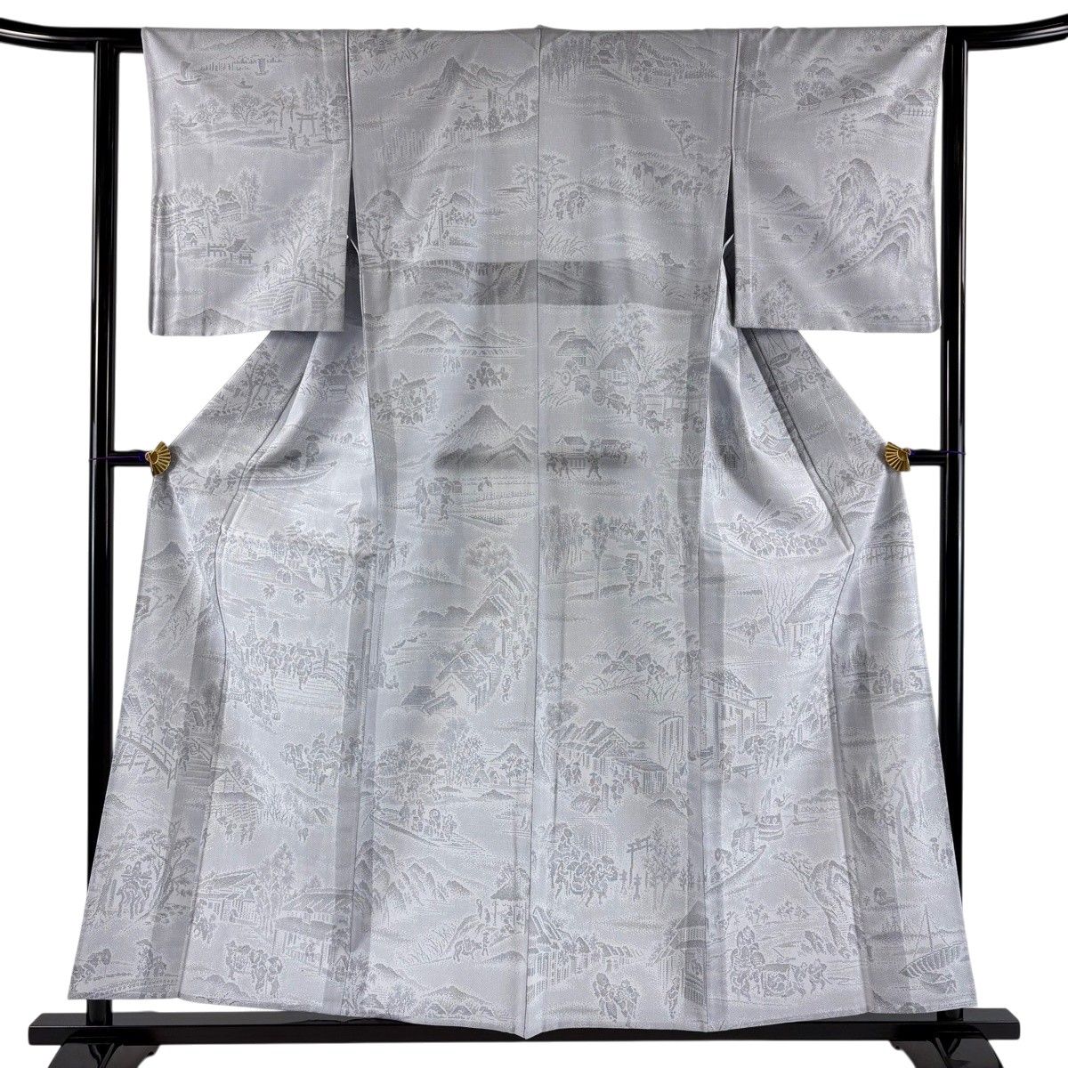 【美品】 紬 身丈157.5cm 裄丈62cm S 単衣 人物 建物 青灰色 正絹 秀品 【中古】