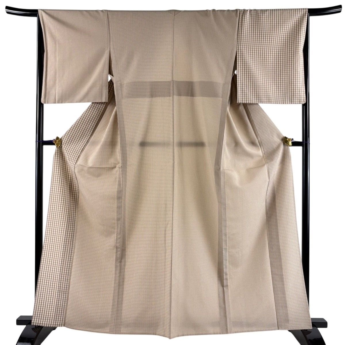 【美品】 付下げ 身丈163cm 裄丈66cm M 単衣 格子 薄茶色 正絹 秀品 【中古】