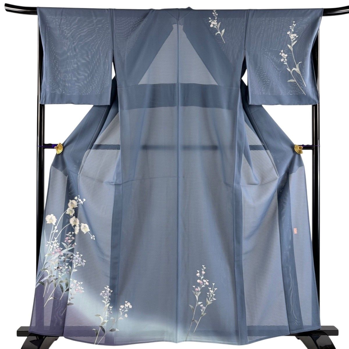 【美品】 付下げ 身丈161.5cm 裄丈67.5cm L 薄物 絽 阿部佳雪 落款 草花 染め分け ぼかし 青灰色 正絹 秀品 【中古】