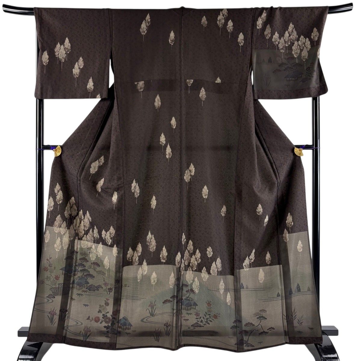 【美品】 付下げ 身丈163.5cm 裄丈69.5cm L 単衣 樹木 建物 焦茶色 正絹 秀品 【中古】