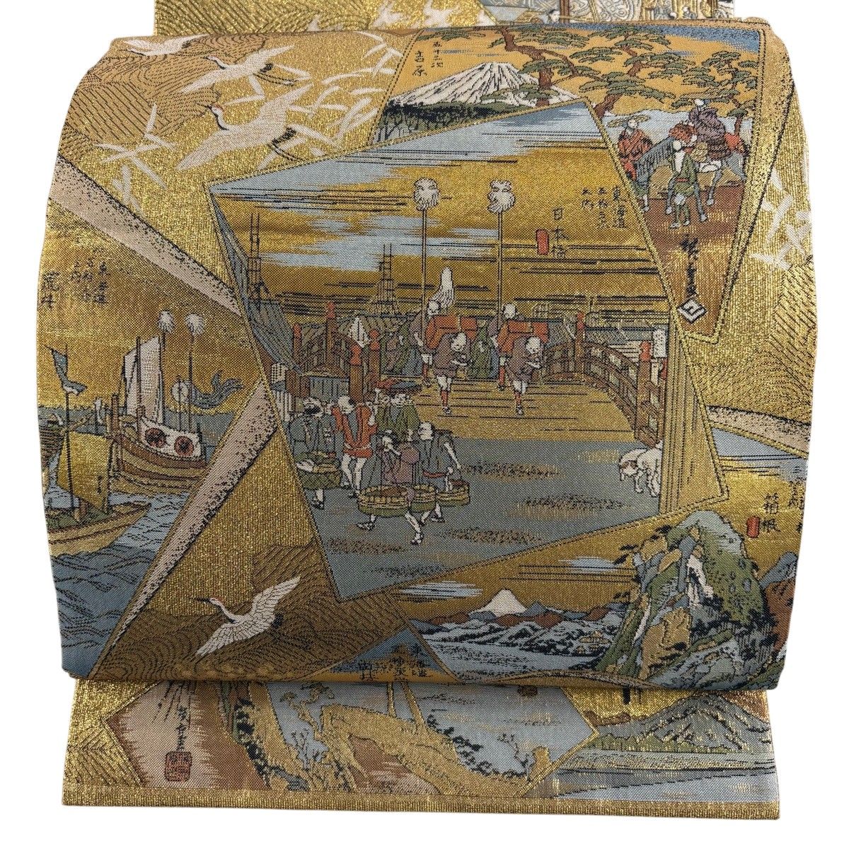 【美品】 袋帯 秀品 人物 色紙 金糸 箔 金色 全通 正絹 【中古】