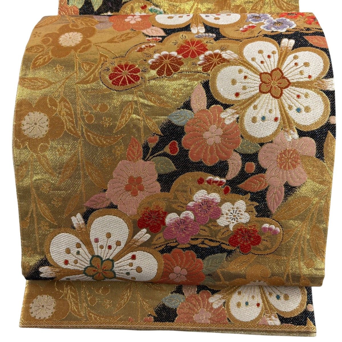 【美品】 袋帯 秀品 梅 松 金糸 箔 金色 六通 正絹 【中古】
