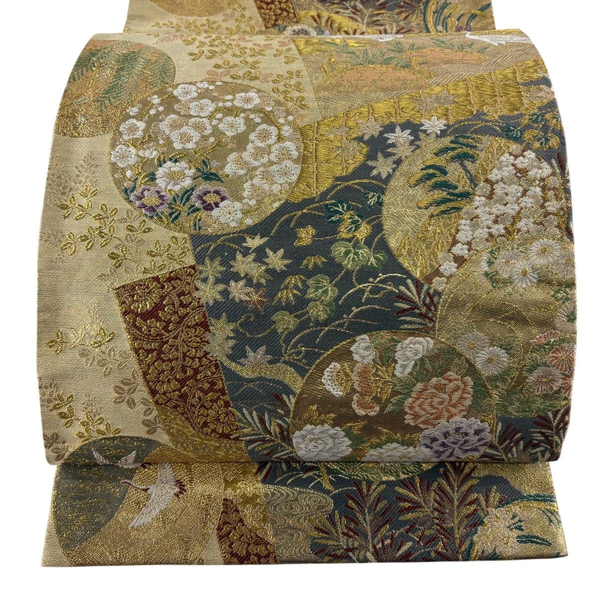 【美品】 袋帯 秀品 やまと 丸文 花鳥 金糸 箔 金色 六通 正絹 【中古】