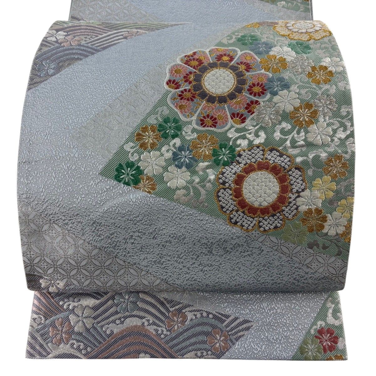 【美品】 袋帯 秀品 花柄 七宝 箔 金糸 水色 六通 正絹 【中古】