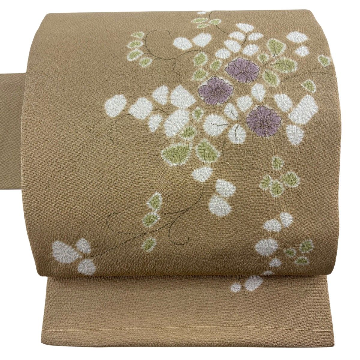 名古屋帯 秀品 関西仕立て はな唐草 金彩 絞り ベージュ 正絹 【中古】
