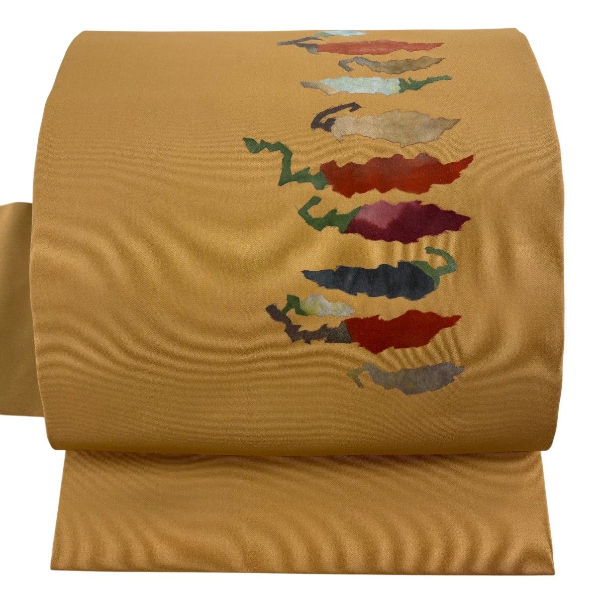 【美品】 名古屋帯 秀品 落款 唐辛子 山吹色 正絹 【中古】