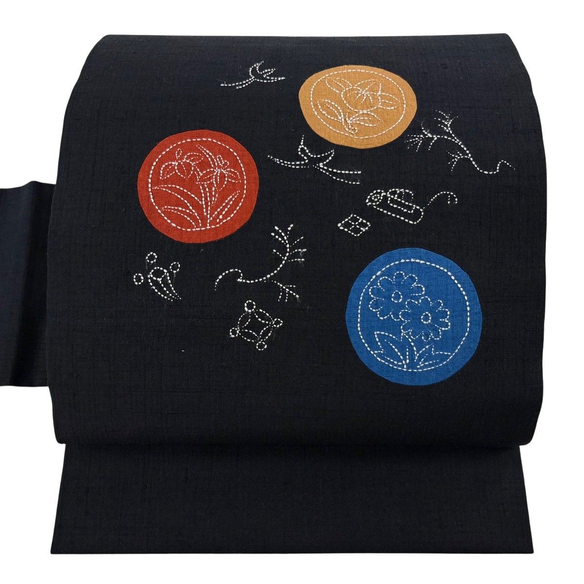【美品】 名古屋帯 秀品 紬地 丸文 宝尽くし 刺繍 黒 正絹 【中古】