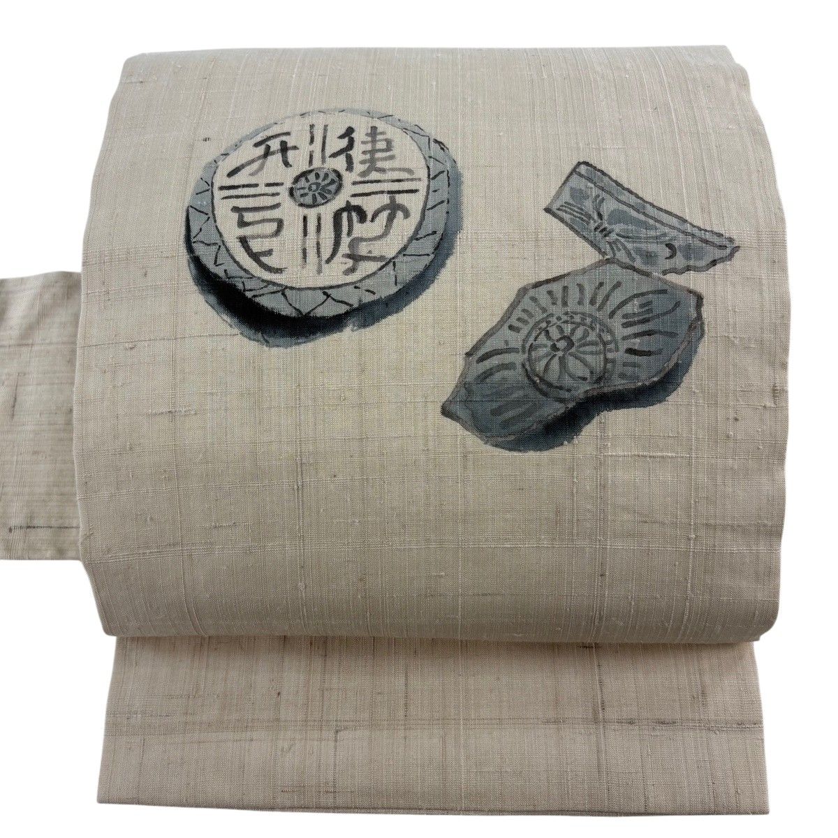 【美品】 名古屋帯 秀品 紬地 文字文 器物 ベージュ 正絹 【中古】