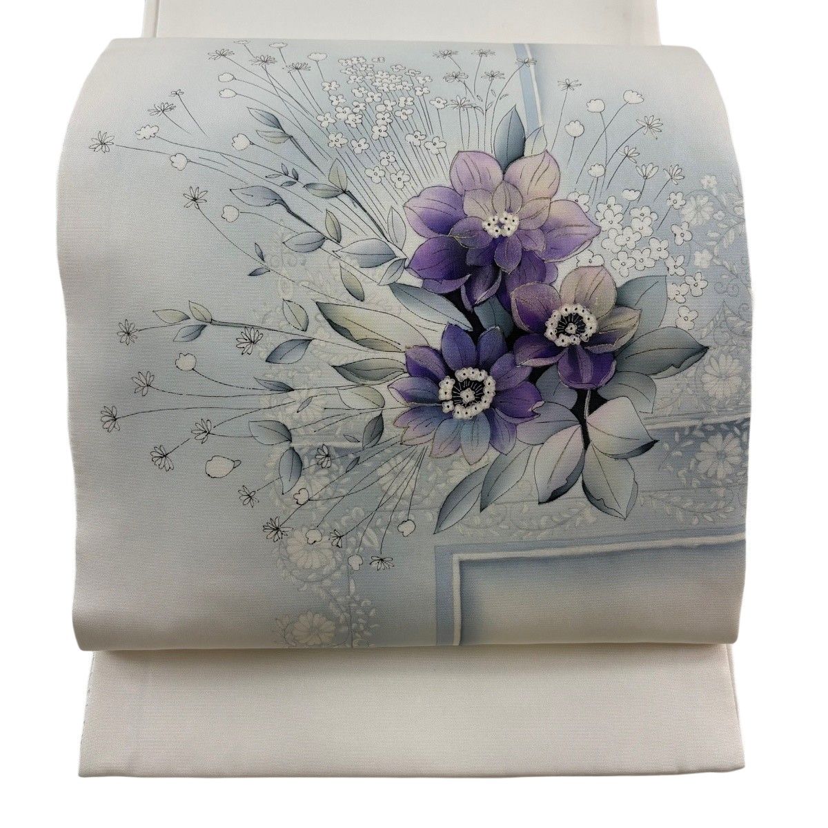 開き名古屋帯 秀品 草花 金銀彩 ぼかし クリーム 正絹 【中古】