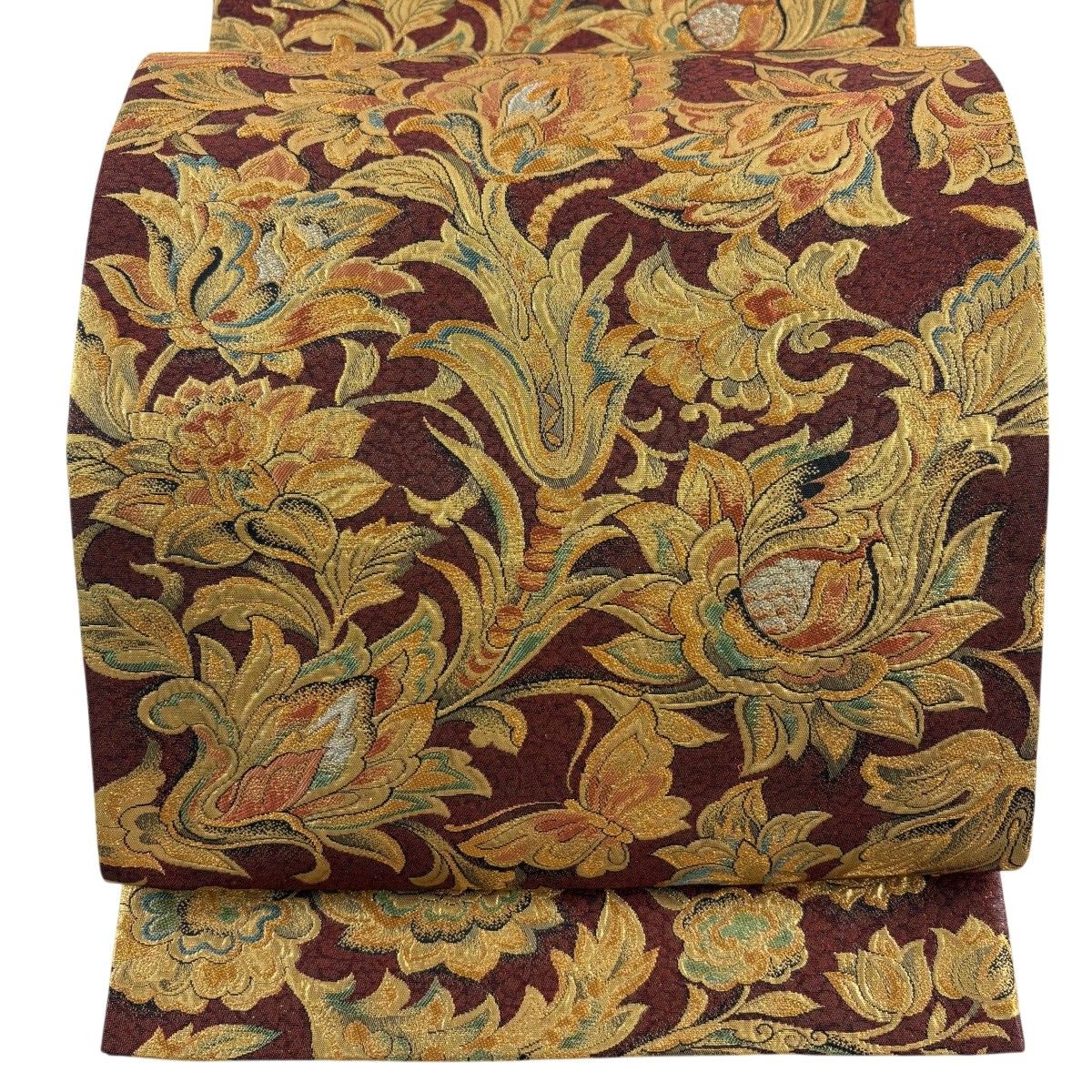 【美品】 袋帯 秀品 まいづる 証紙 花唐草 箔 金銀糸 赤茶 六通 正絹 【中古】