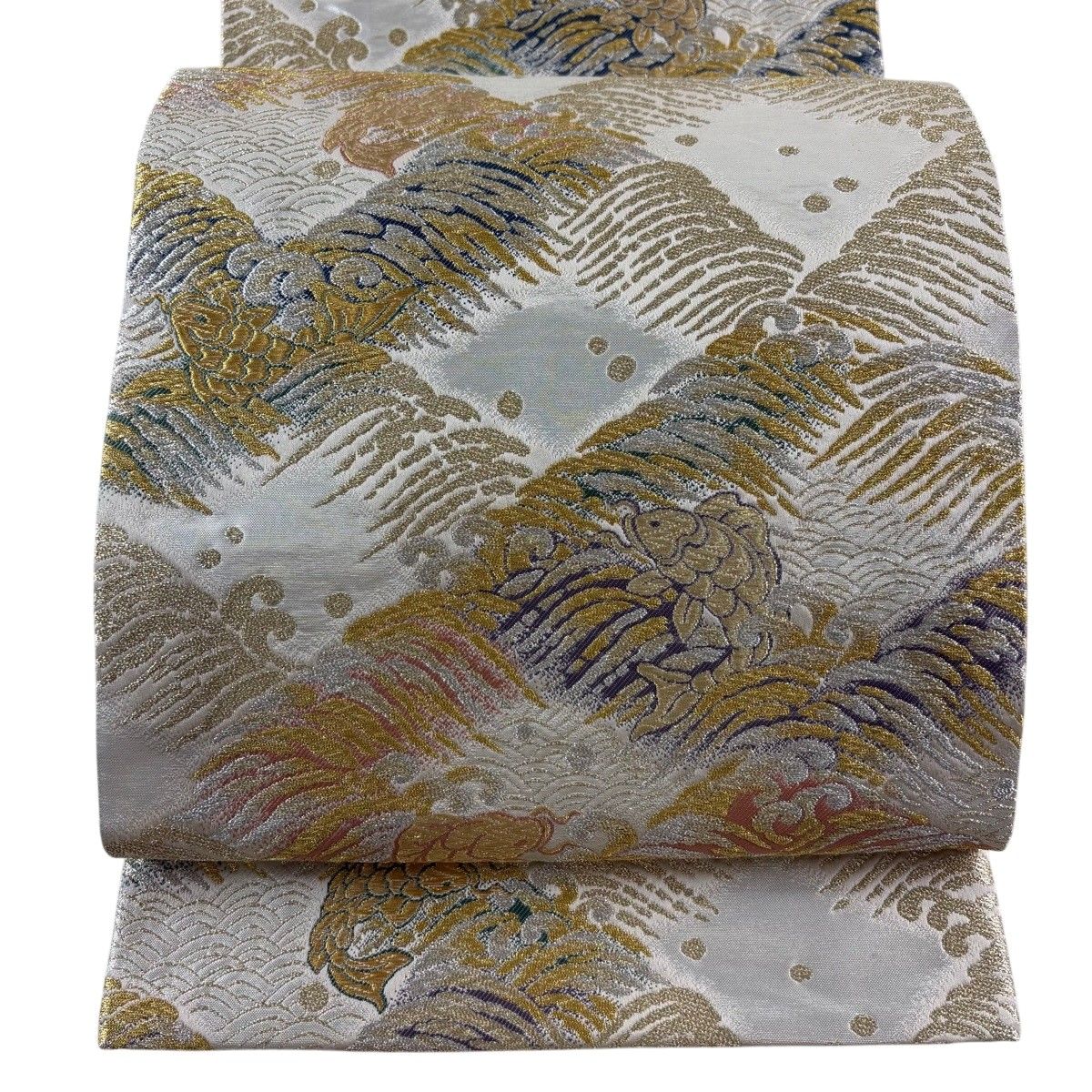 【美品】 袋帯 秀品 祥園 落款 波 荒磯 金銀糸 金色 六通 正絹 【中古】