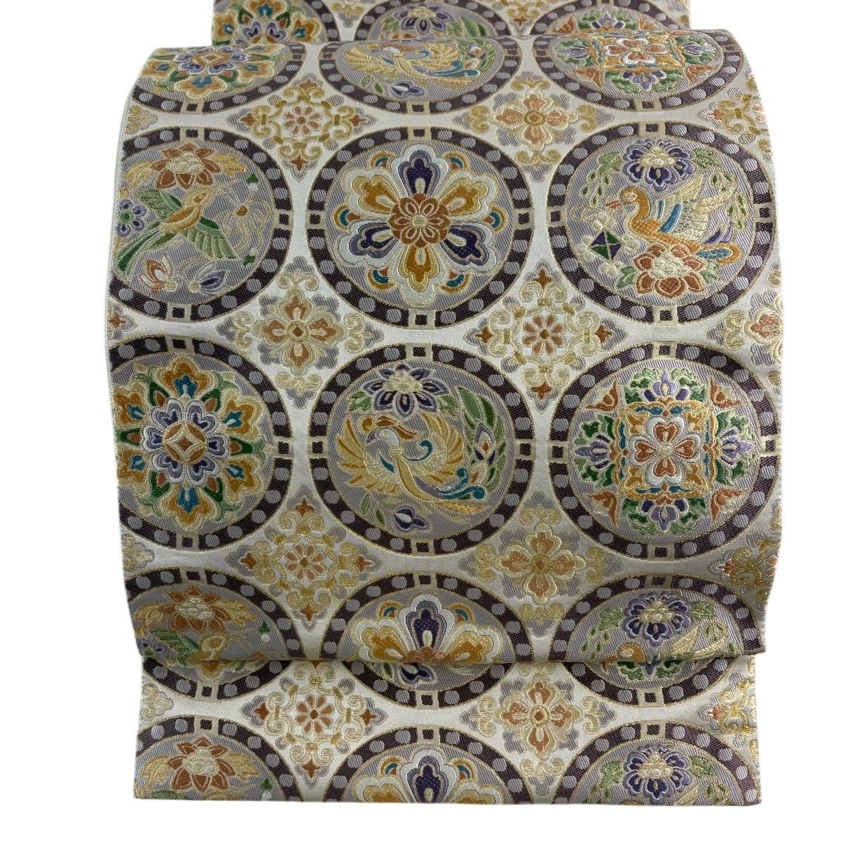 【美品】 袋帯 秀品 連珠文 華文 金糸 箔 ベージュ 六通 正絹 【中古】